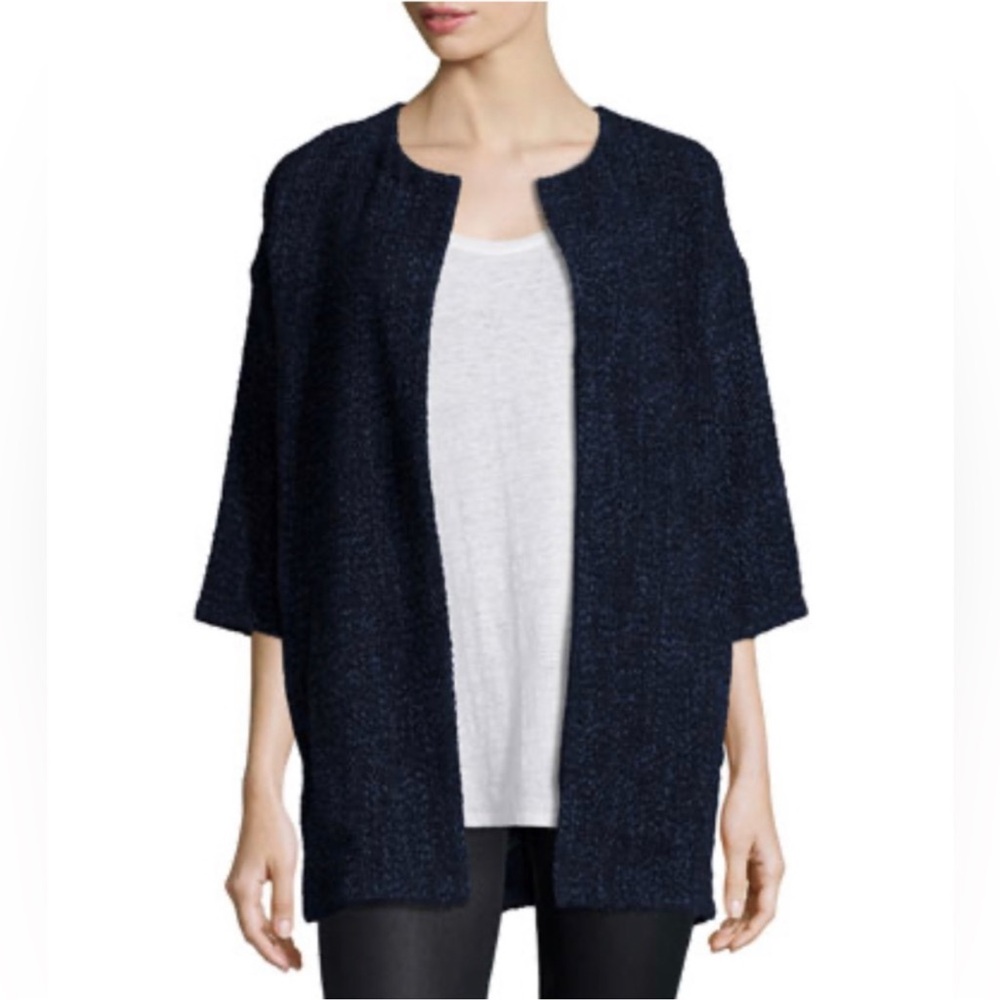 Eileen Fisher Wool Blue Boucle Tweed Jacket XL Open Cardigan Top Sweater Black